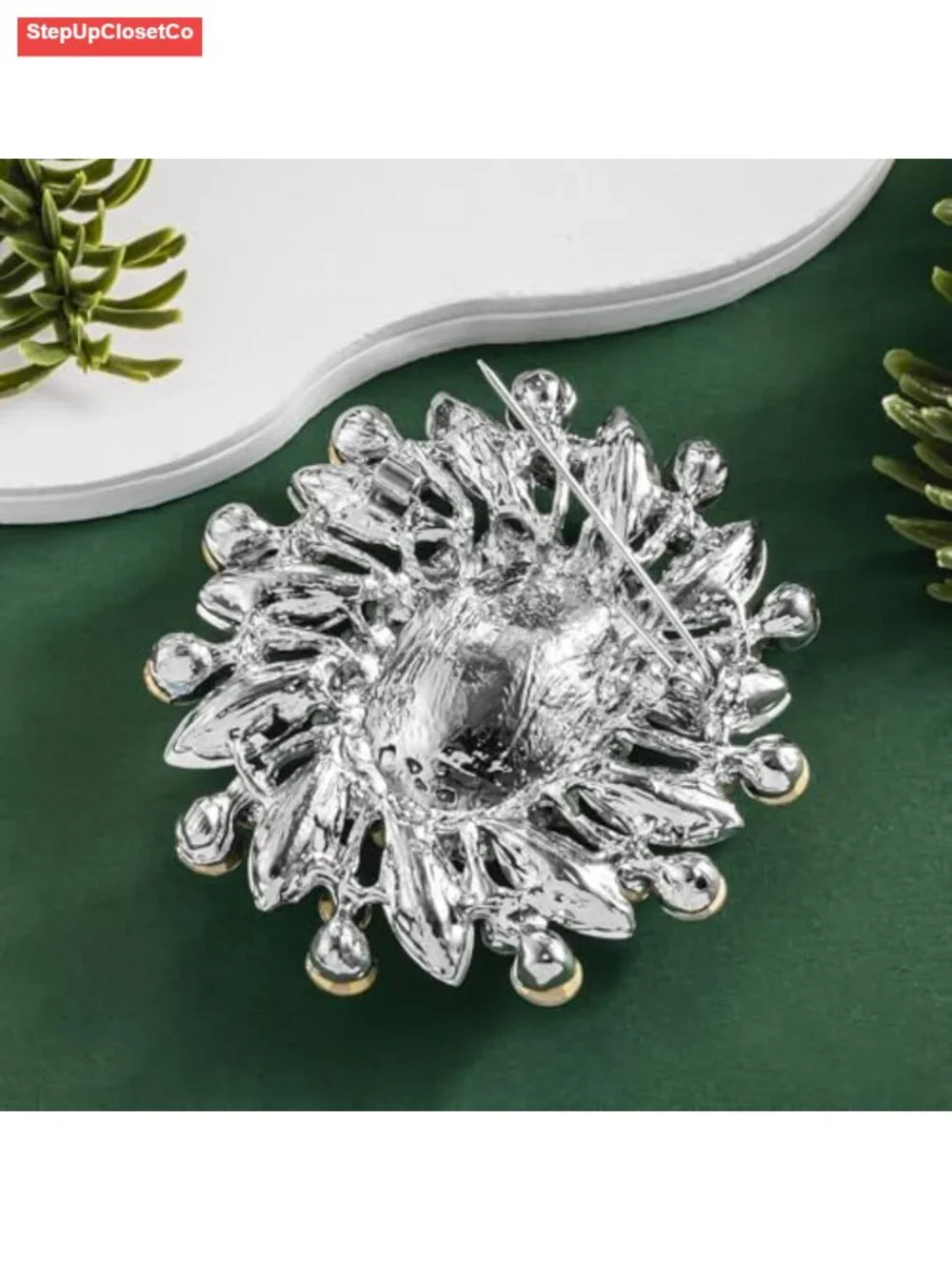Flower Rhinestone Statement Brooch Pin Antique Gold Tone for Coats Dresses